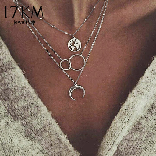 17KM Vintage Moon Map Necklace For Women Bohemian Multilayer Circle Coin Stone Pendant Necklaces Star Beads Choker Jewelry
