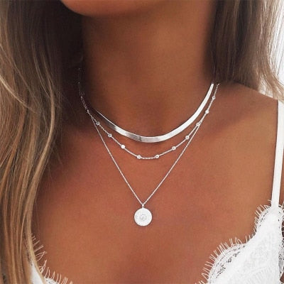 3 Layed Choker Necklaces Collar Women Chokers Gold/Silver Color Metal Chain Necklace for Female Collier