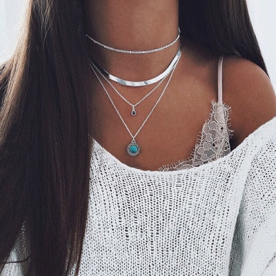 3 Layed Choker Necklaces Collar Women Chokers Gold/Silver Color Metal Chain Necklace for Female Collier