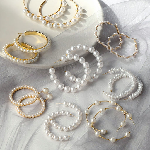 New Korean Simple Plain Gold Metal Beaded Pearl Hoop Earring Fashion Big Circle Hoops Statement Earrings for Women Party Jewelry