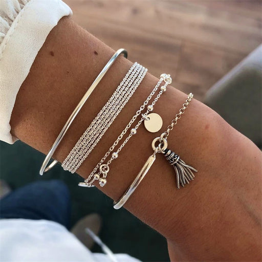 4 Pcs/Set Bohemian Silver Color Tassel Round Bracelet Set for Women Multilayer Pendant Bracelet 2020 Fashion Jewelry