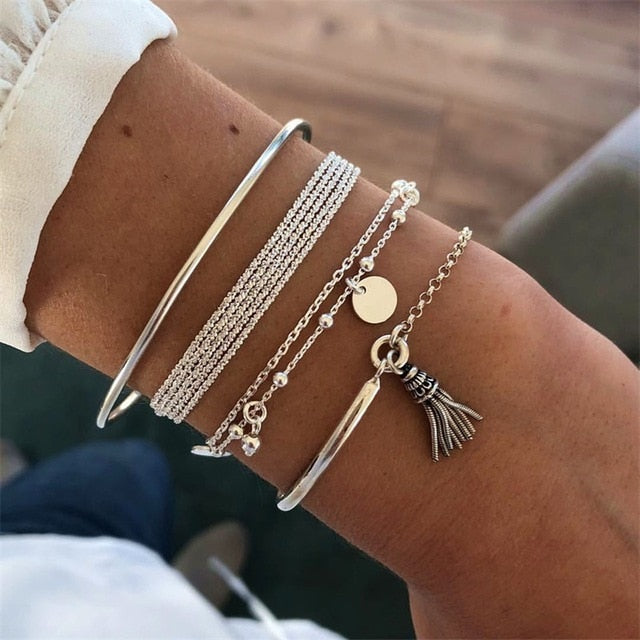 4 Pcs/Set Bohemian Silver Color Tassel Round Bracelet Set for Women Multilayer Pendant Bracelet 2020 Fashion Jewelry