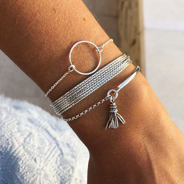 4 Pcs/Set Bohemian Silver Color Tassel Round Bracelet Set for Women Multilayer Pendant Bracelet 2020 Fashion Jewelry