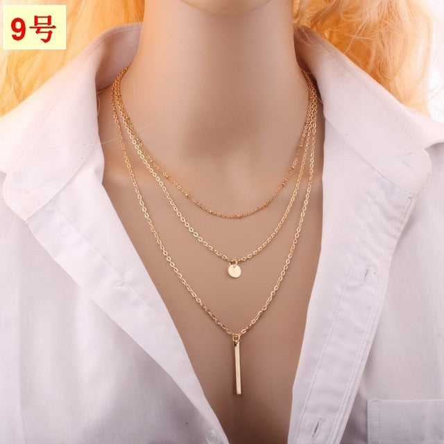 3 Layed Choker Necklaces Collar Women Chokers Gold/Silver Color Metal Chain Necklace for Female Collier
